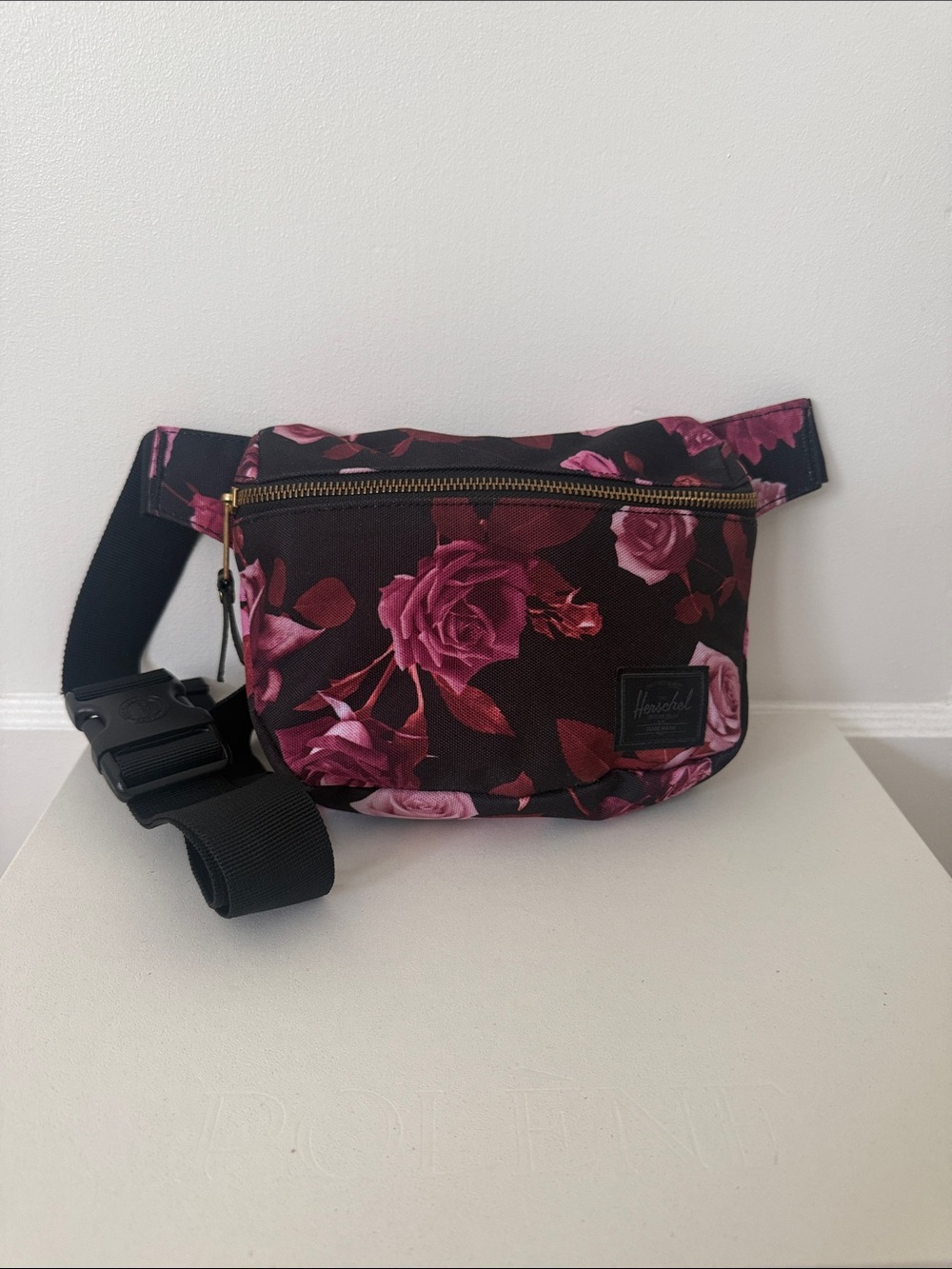 Herschel Supply Company Black Floral Hip Bag with Pink Roses